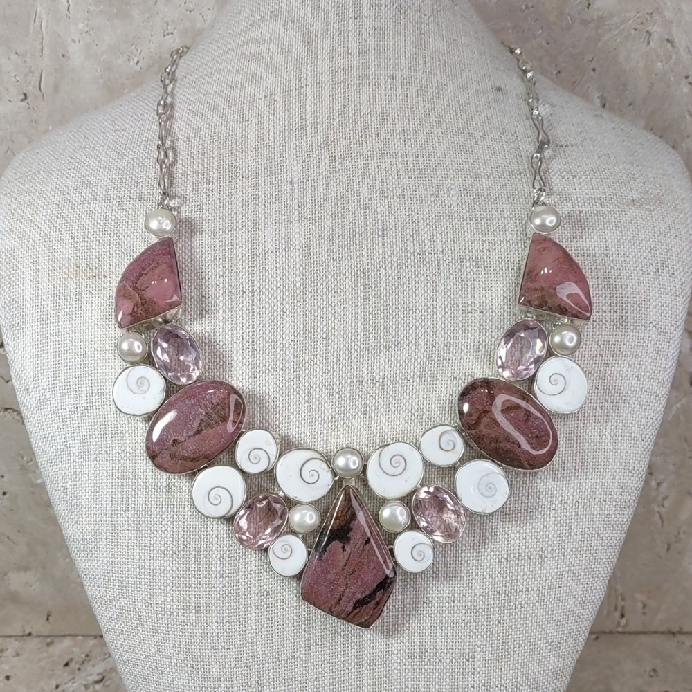 Artisan Crafted Brecciated Jasper/Shiva Shell/Pink Crystal Statement Necklace